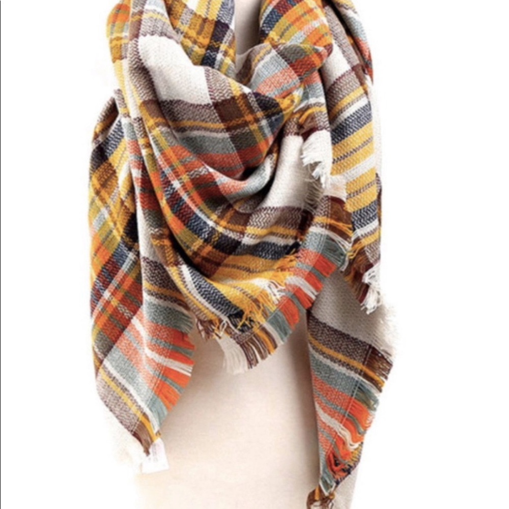 Hand Crafted Plaid Blanket Scarf in Mustard, Orange, Brown & Cream